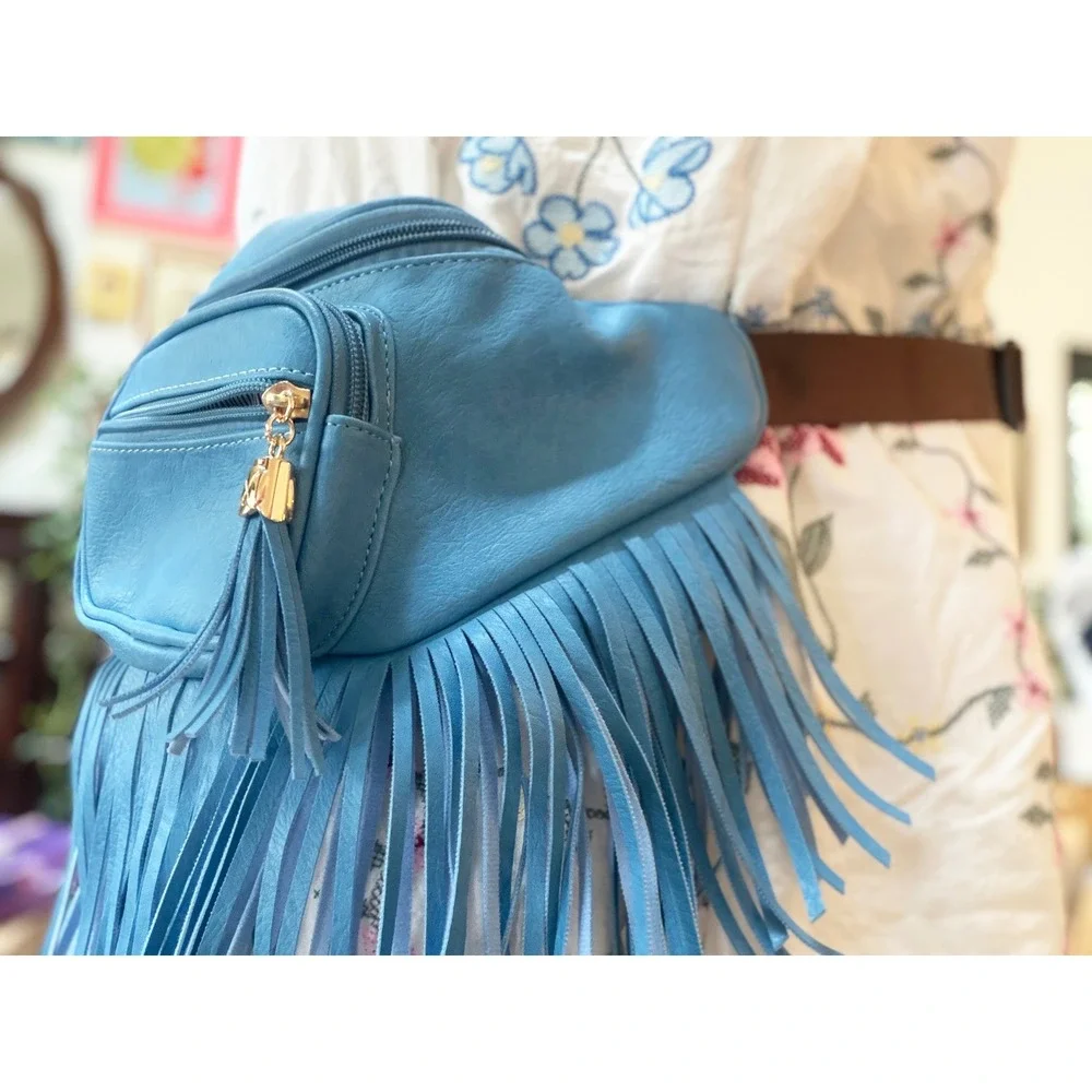 Fringe Tassel Fanny Pack Waist Bag Denim Blue Faux Leather Festival Boho Western - Picture 3 of 8